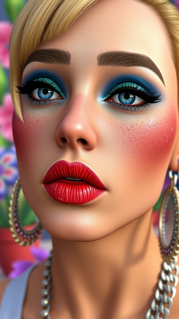 Close-up of a Sim with textured crusty lips makeup in a colorful Sims 4 environment.